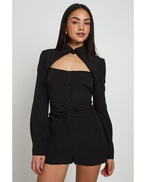 Boohoo Cut Work Collar Detail Tailored Playsuit - Black