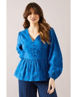 Wallis Broderie Button Peplum Blouse - Blue