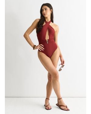 Gini London Chocolade Twist Halter V Bar Taille Zwempak - Rood