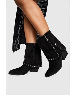 Boohoo Fold Over Calf High Studded Western Boots - Black