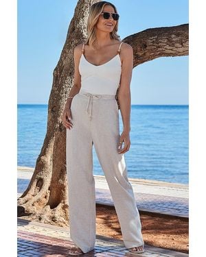 Sosandar Natural Linen Blend Drawstring Waist Wide Leg Trousers - Blue