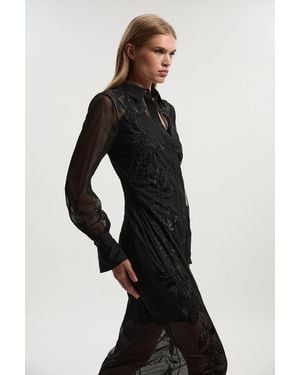 Karen Millen Archive Mesh Embellished Embroidered Sheer Shirt Dress - Black