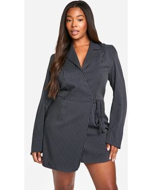 Boohoo Plus Woven Stripe Tailored Wrap Dress - Blue