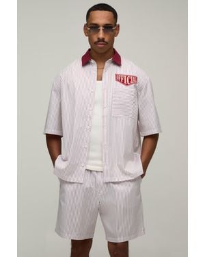BoohooMAN Contrast Collar Boxy Oversized Stripe Shirt & Short Set - Red