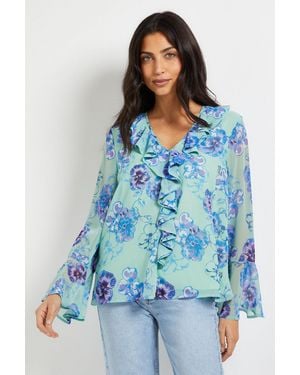 Wallis Floral Print Ruffle Detail Blouse - Blue