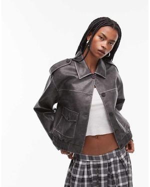 TOPSHOP Faux Leather Cropped Button Thru Patch Pocket Bomber - Grey