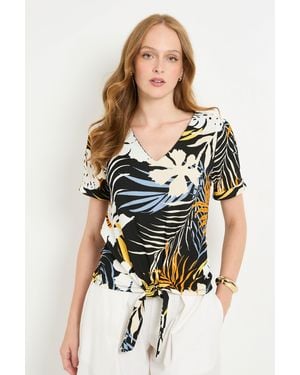 Wallis Tropical Jersey Tie Detail V Neck T Shirt - Black