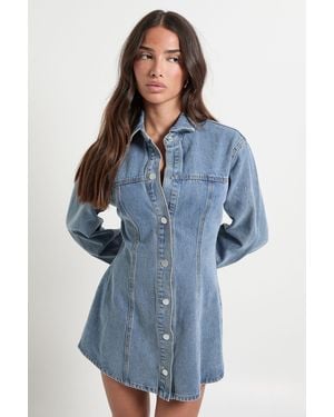 Boohoo Petite Long Sleeve Cinched Waist Denim Dress - Blue