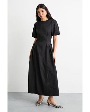 Warehouse Textured Godet Side Puff Sleeve Midi Dress - Black