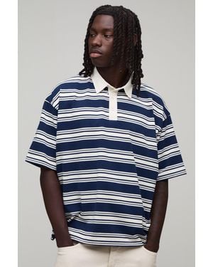 BoohooMAN Oversized Boxy Sport Embroidered Stripe Rugby Polo - Blue