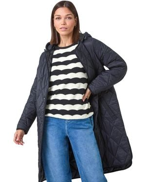 Roman Iridescent Diamond Quilted Hooded Coat - Blue