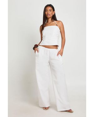Boohoo Linen Look Tie Side Low Rise Trousers - White