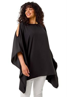 Roman Curve Bobble Trim Hanky Hem Top - Black