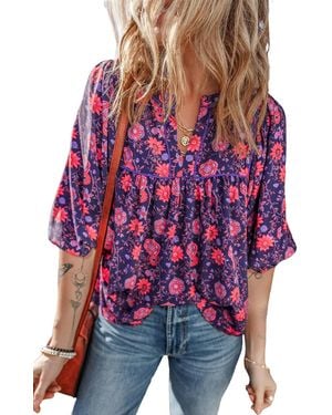 Everyday the Label Floral Half Sleeve Split Neck Blouse Top - Red