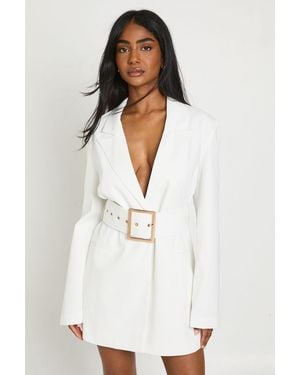Boohoo Oversized Buckle Detail Tailored Blazer Dress - White
