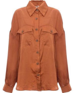 Ghospell Oversized Satin Shirt With Open Back - Brown