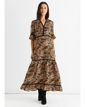 Gini London Animal Print Lace Trim Tiered Midi Dress - Brown