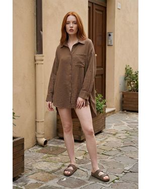 My Fashion Textured Oversized Long Shirt With Button Closure - Brown