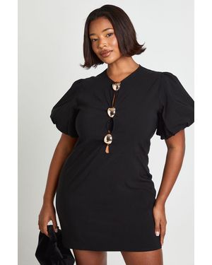 Boohoo Plus Trim Detail Puff Sleeve Shift Dress - Black