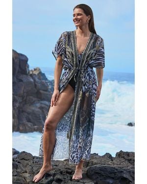 Sosandar Animal Print Embellished Maxi Kaftan - Blue