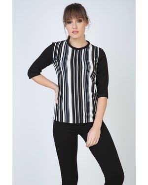 Conquista Striped Top With Elbow Sleeves And Round Neckline By Fashion Viscose - White