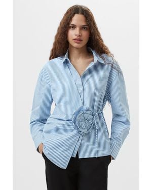 French Connection Cotton Striped Button Up Shirt With Floral Design Waist Tie - Blue