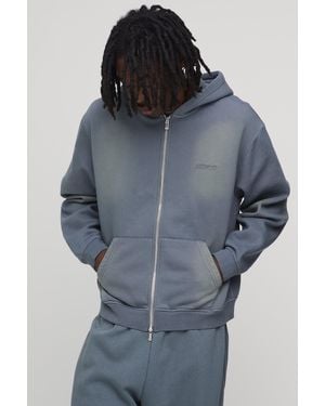 BoohooMAN Oversized Boxy Spray Wash Embroidered Double Ended Zip Through Hoodie - Blue