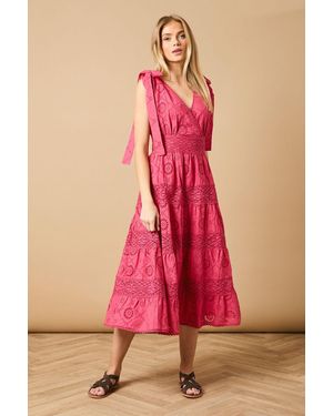 Oasis Petite Tie Shoulder V Neck Broderie Midi Dress - Pink