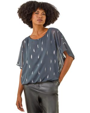 Roman Foil Print Bubble Hem Top - Blue