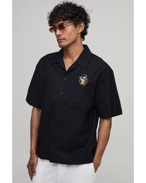 BoohooMAN Oversized Floral Pocket Linen Blend Shirt - Black