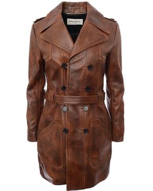 Saint Laurent Belted Double Breasted Leather Coat - Brown