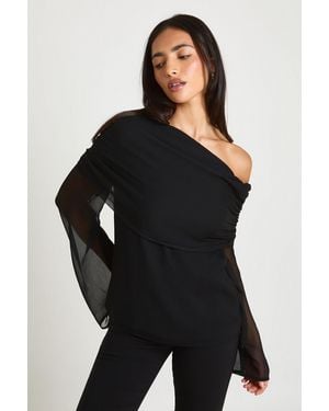 Boohoo Chiffon Bardot Sheer Blouse - Black