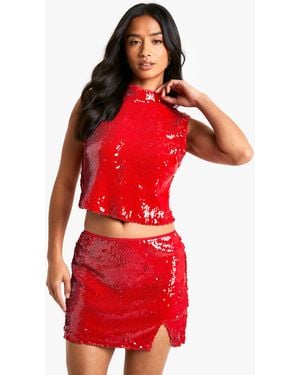 Boohoo Petite Sequin High Neck Top - Red