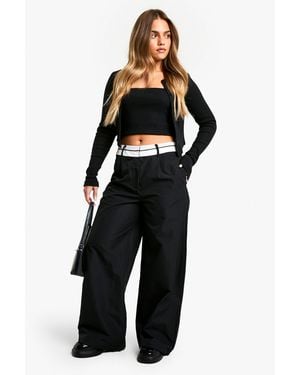 Boohoo Petite Reverse Waistband Tailored Wide Leg Trousers - Black