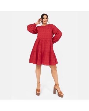Lovedrobe Smock Crew Neck Long Sleeve Knee Length Dress - Red