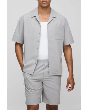 BoohooMAN Oversized Boxy Technical Stretch Shirt & Comfort Short Set - Grey