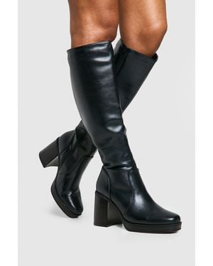 Boohoo Knee High Platform Block Heel Boots - Black