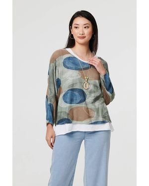 Izabel London Sage Polka Dot Long Sleeve Top With Necklace - Blue