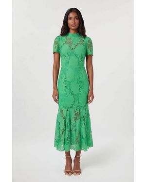 Karen Millen Lace High Neck Woven Midi Dress - Green
