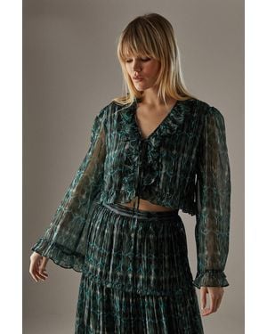 Warehouse Metallic Chiffon Ruffle Tie Front Flared Sleeve Blouse - Green