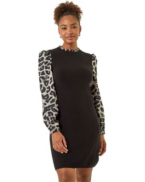 Roman Animal Print Mix Frill Short Dress - Black