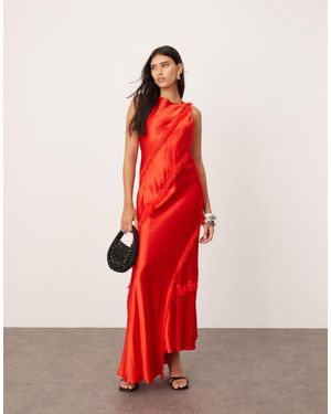 ASOS Sleeveless Satin Asymmetric Detail Maxi Dress With Fringing - Red