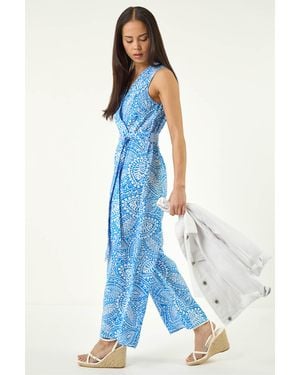 Roman Petite Paisley Print Wrap Jumpsuit - Blue