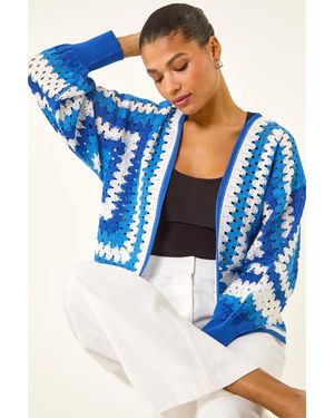 Roman Crochet Edge Knit Cardigan - Blue