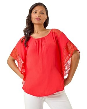 Roman Gathered Lace Insert Sleeve Top