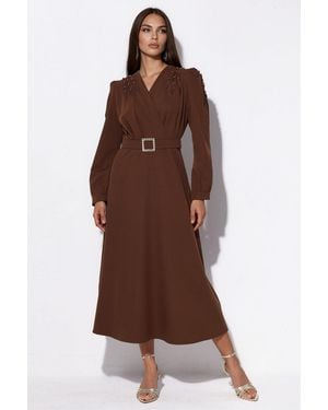 Msn-Collection Belted A-Line Midi Dress - Brown