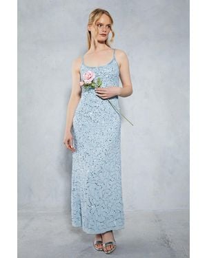 Oasis Embellished Neckline Sequin Maxi Dress - Blue