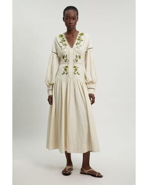 Karen Millen Rose Embroidered Cotton Twill Woven Long Sleeve Maxi Dress - Natural
