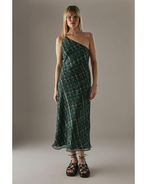 Warehouse Metallic Chiffon One Shoulder Bias Midi Dress - Green