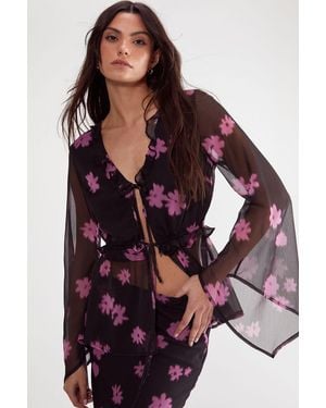 Nasty Gal Ditsy Chiffon Ruffle Tie Front Fluted Sleeve Top - Purple